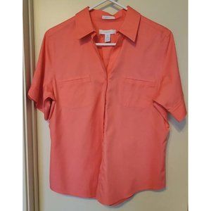 CHICO'S 2 (XL) Coral 100% Cotton Button Down Short Sleeve Shirt